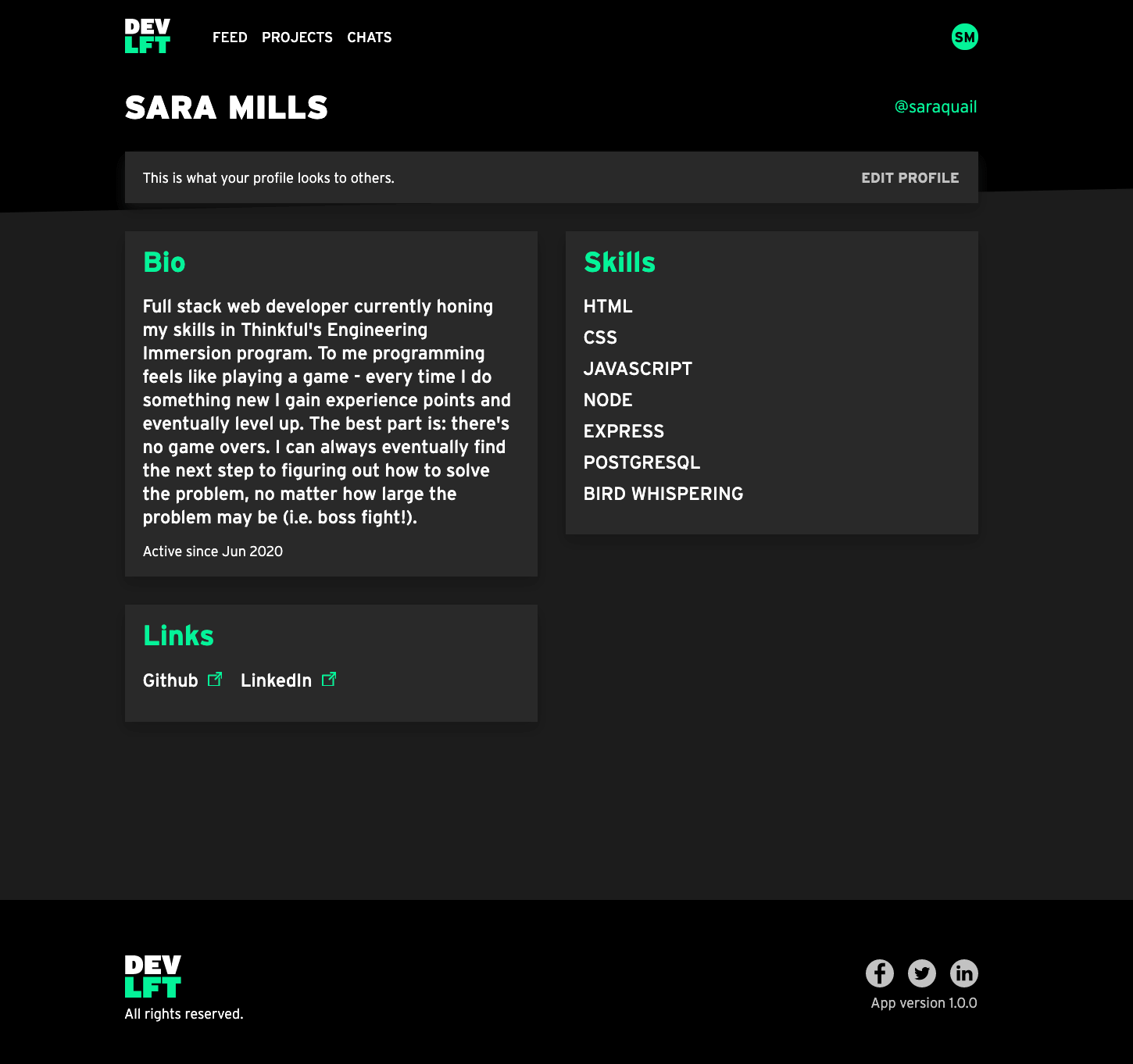 screenshot of a webpage showing a user's profile page, including name, bio, skills, and links.
