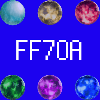 3 orbs atop white text FF7OA with 3 orbs below and a blue background