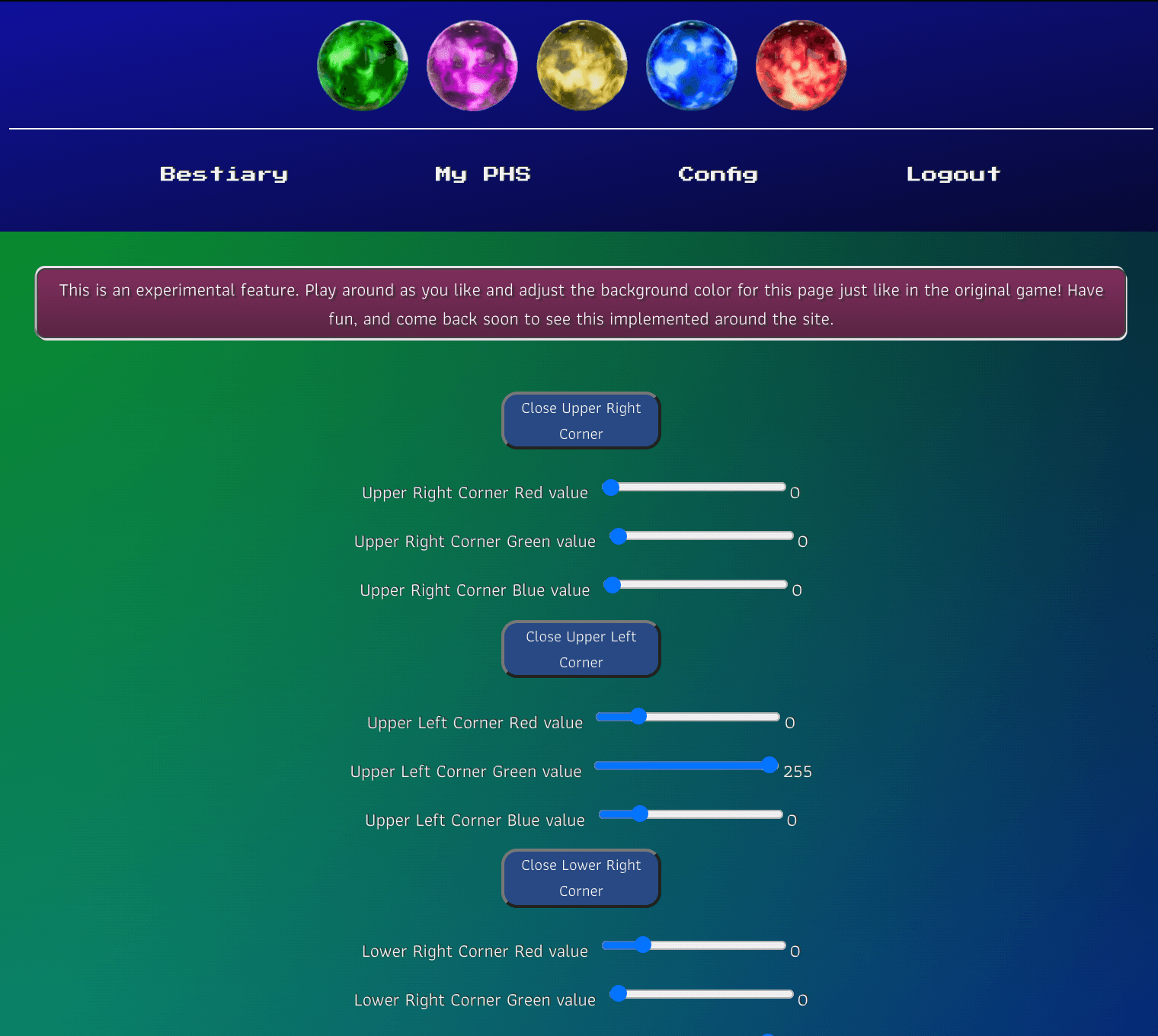 screenshot of a webpage with sliders to change the color of each corner of the webpage. slider options are green, red, and blue.