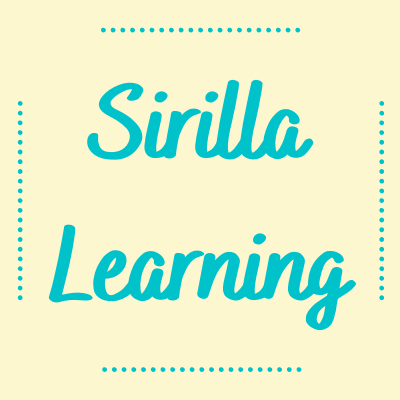 light blue-green text that reads sirilla learning on a cream background